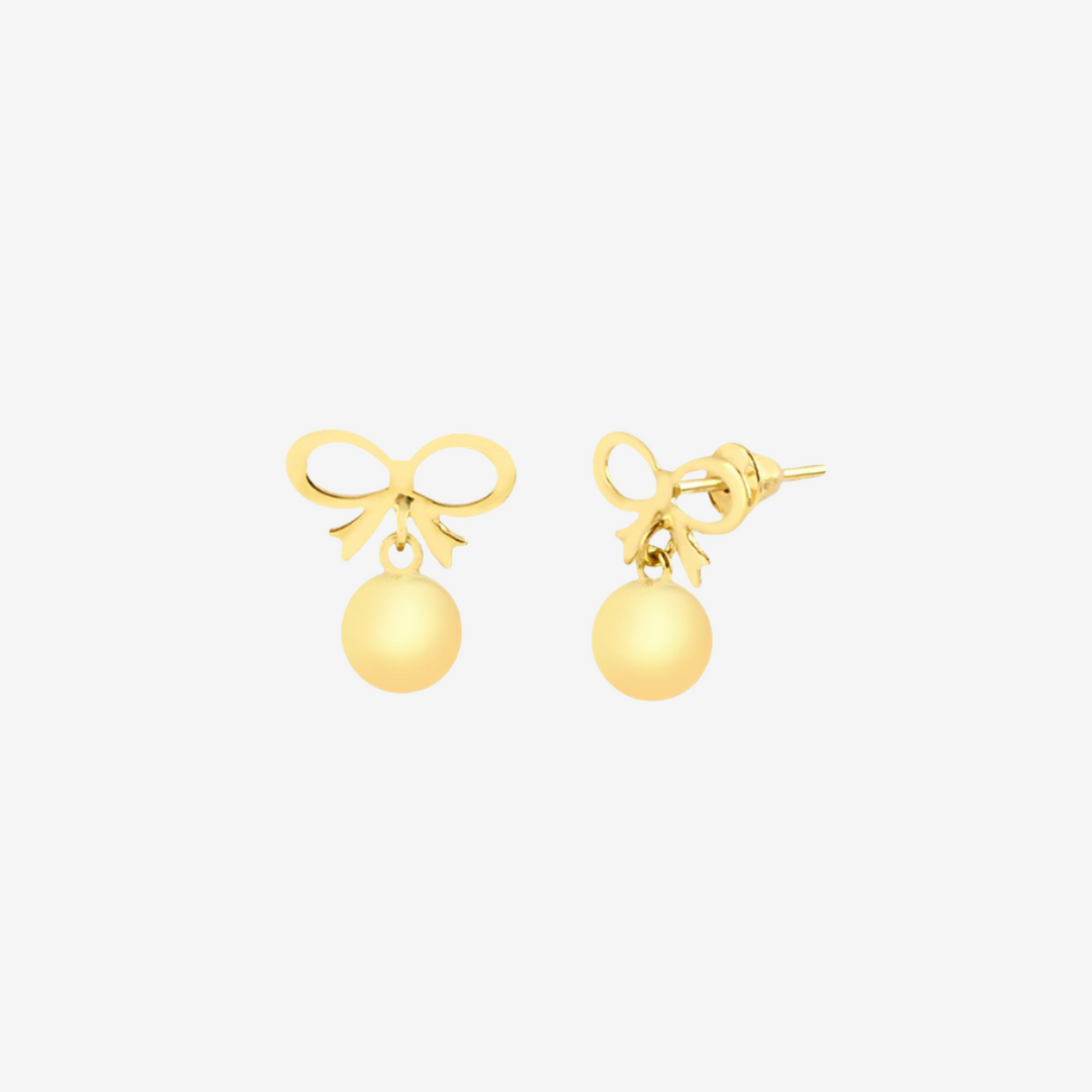 18k Gold Ribbon Bow Ball Earring
