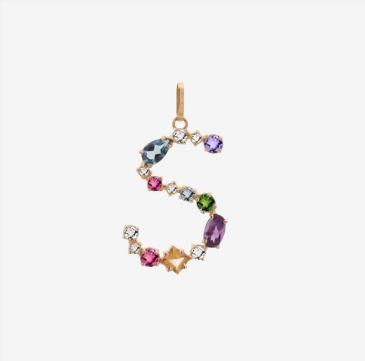 Letter S Pendant in 18k Gold with Natural Stones