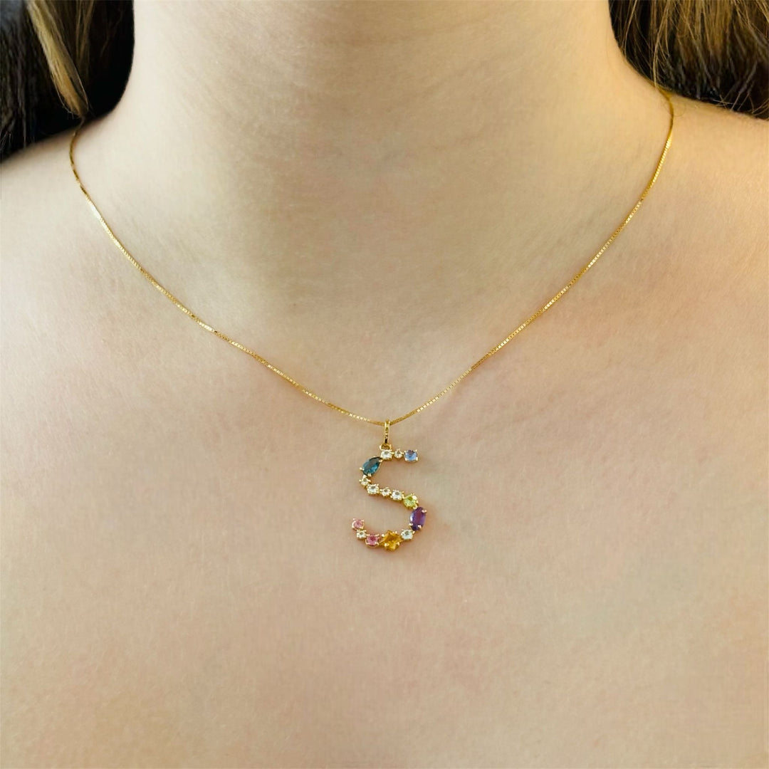 Letter S Pendant in 18k Gold with Natural Stones