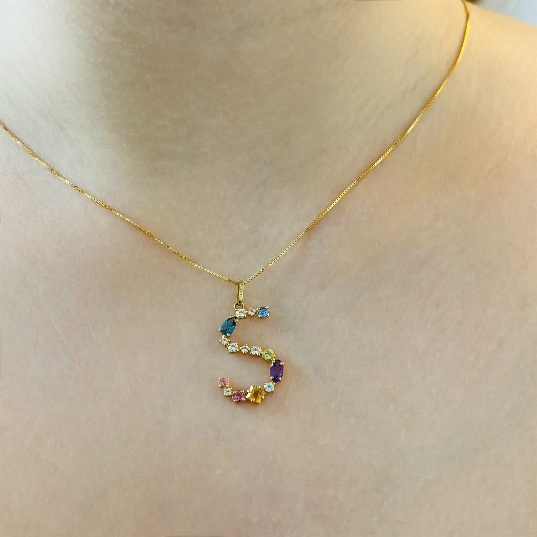 Letter S Pendant in 18k Gold with Natural Stones