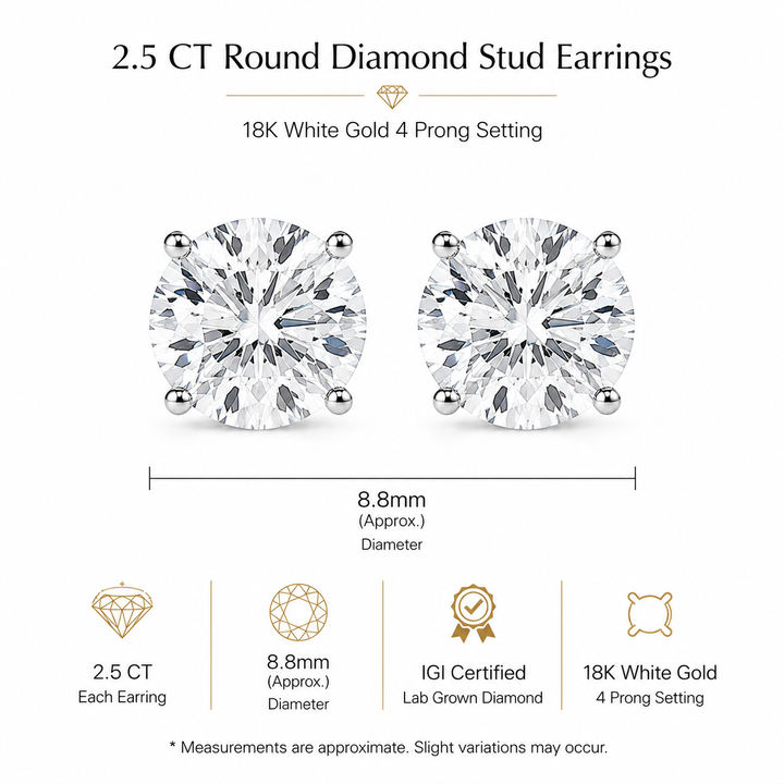 18k white gold 5 ctw Round Colorless Lab Grown Diamond Certified Stud Earrings, E, VS1 | IGI Certified (Copy)