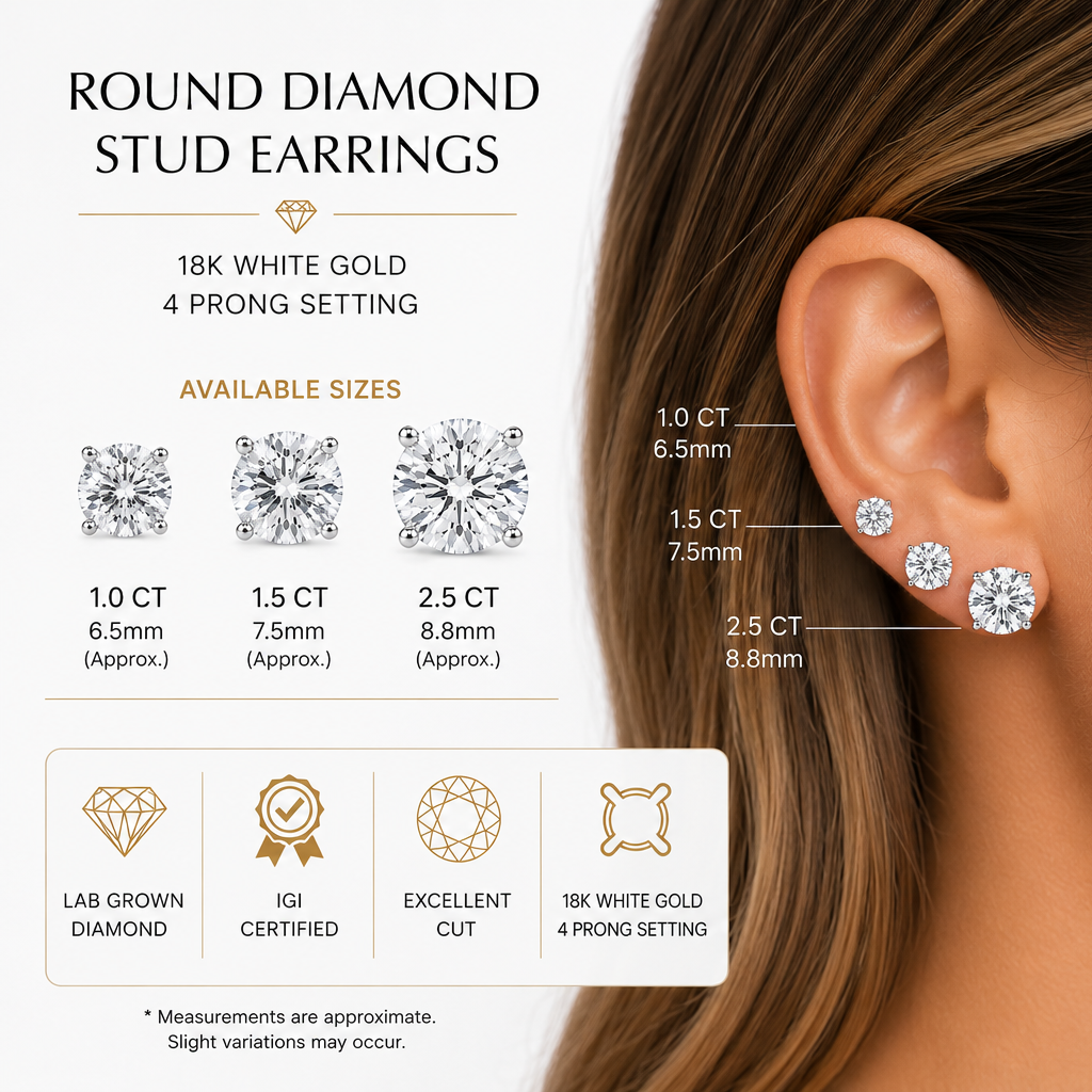 18k white gold 3 ctw Round Colorless Lab Grown Diamond Certified Stud Earrings, E, VS1 | IGI Certified
