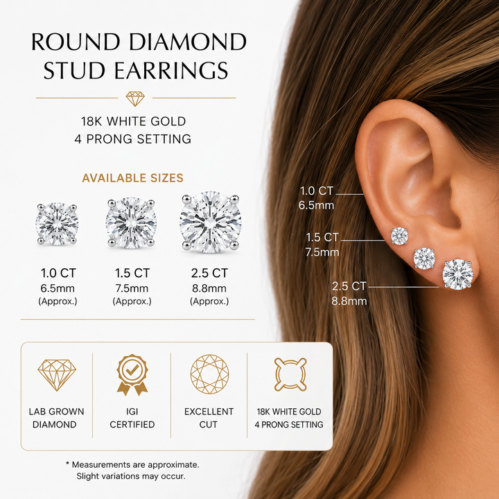 18k white gold 3 ctw Round Colorless Lab Grown Diamond Certified Stud Earrings, E, VS1 | IGI Certified