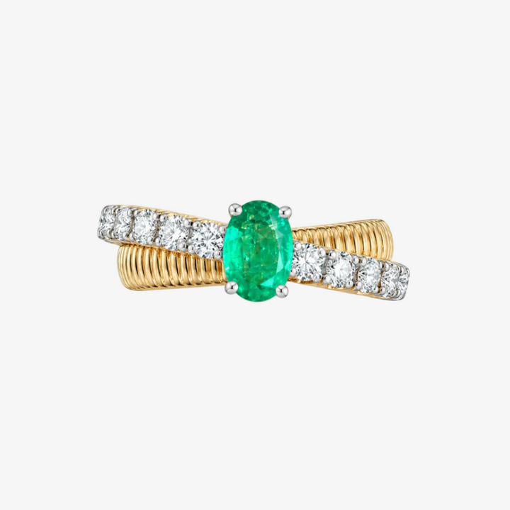 18K Yellow Gold Natural Emerald &amp; Diamond Ring