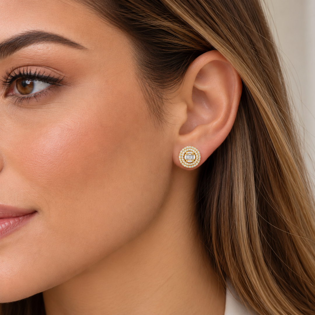 18K Yellow Gold Natural Diamond Round Stud Earrings