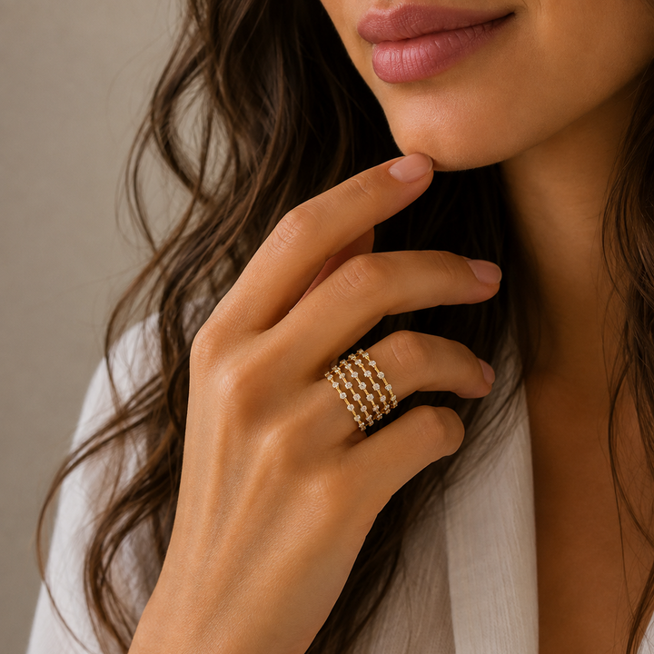 18k Gold Ring Five Rows Diamonds
