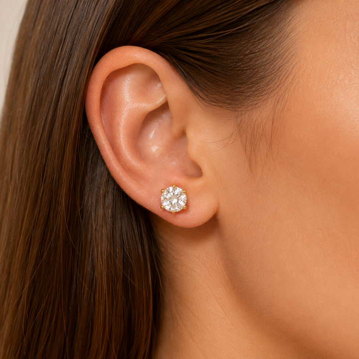 18k Yellow Gold Round Moissanite Stud Earrings