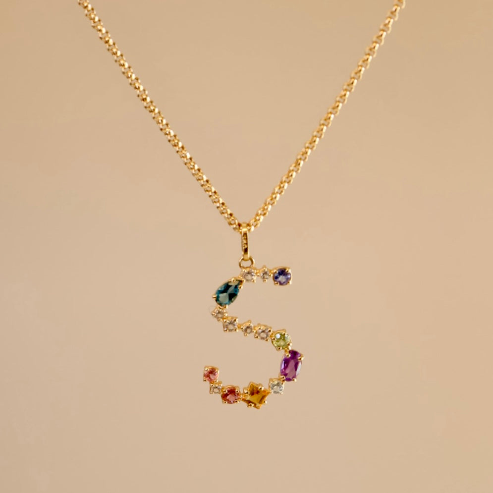 Letter S Pendant in 18k Gold with Natural Stones