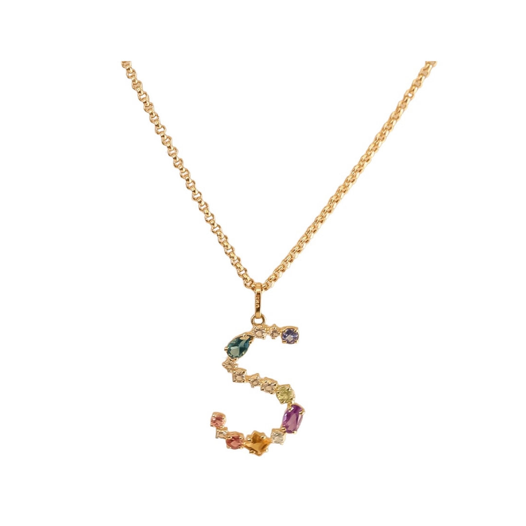 Letter S Pendant in 18k Gold with Natural Stones