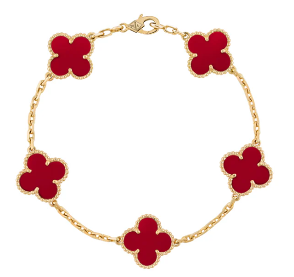 Pulsera Van Cleef de Oro 18k - Tamaño: 7.4 Pulgadas - Piedras: 5 Cornalinas - Color: Amarillo - Metal: Oro 18k