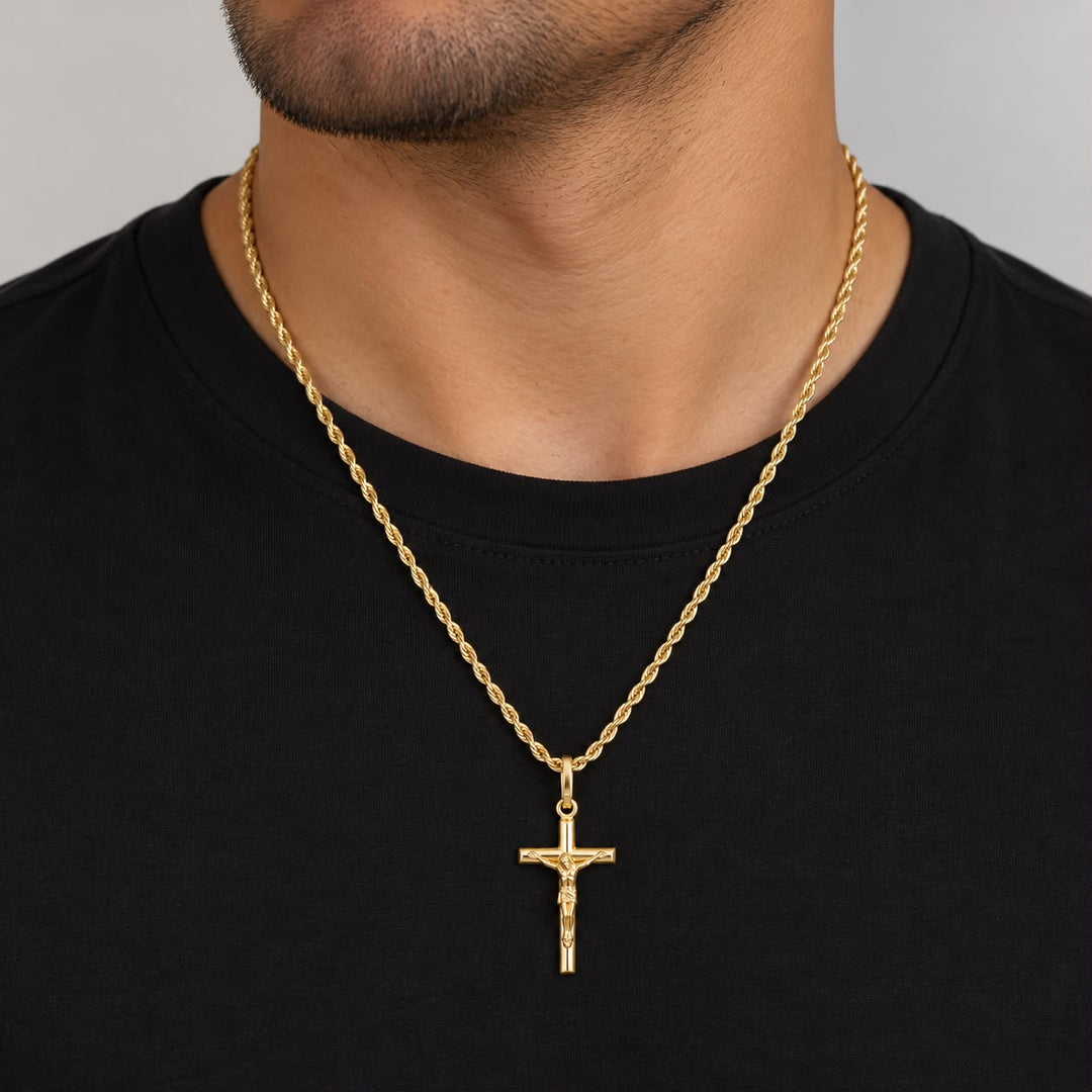 14k Yellow Gold Crucifix Rope Chain Necklace