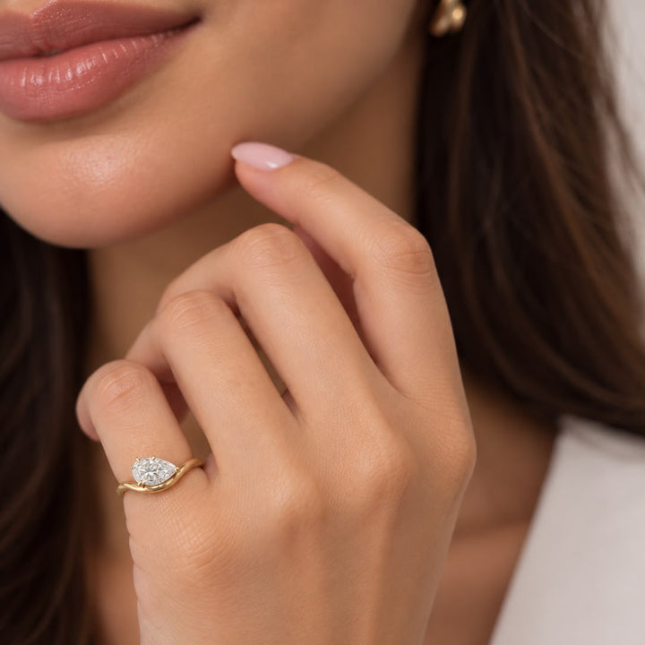 18K Yellow Gold Curved Pear Diamond Pinky Ring