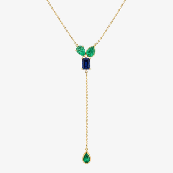 18K Yellow Gold Tie Emerald and Tanzanite Necklace