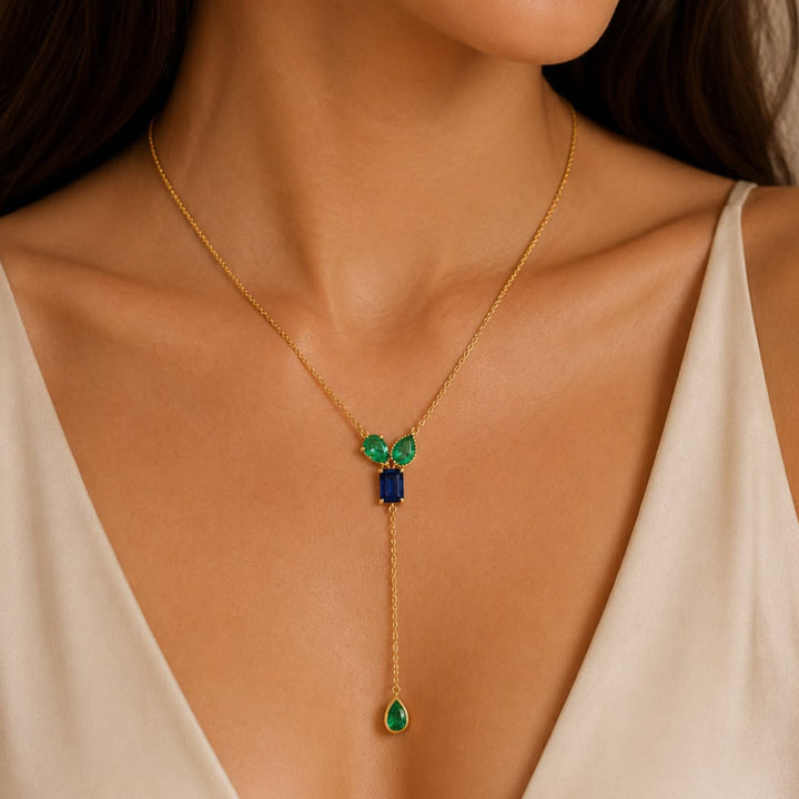 18K Yellow Gold Tie Emerald and Tanzanite Necklace