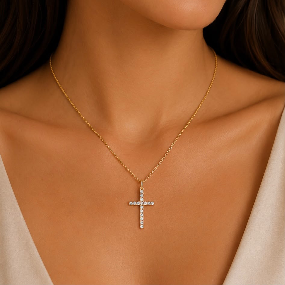 18K Yellow Gold Diamond Cross Necklace