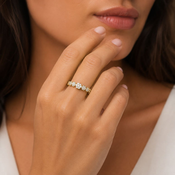 Gold Diamond Flower Band Ring