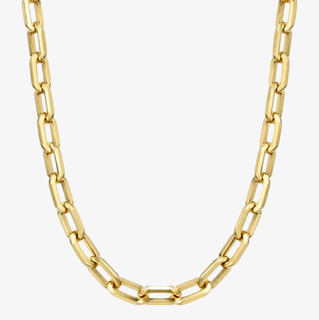 Cadena de oro de 18 quilates - Tamaño: 18 pulgadas - Tamaño del eslabón: 5,9 mm de ancho, 12,8 de largo - Metal: Oro amarillo de 18 quilates