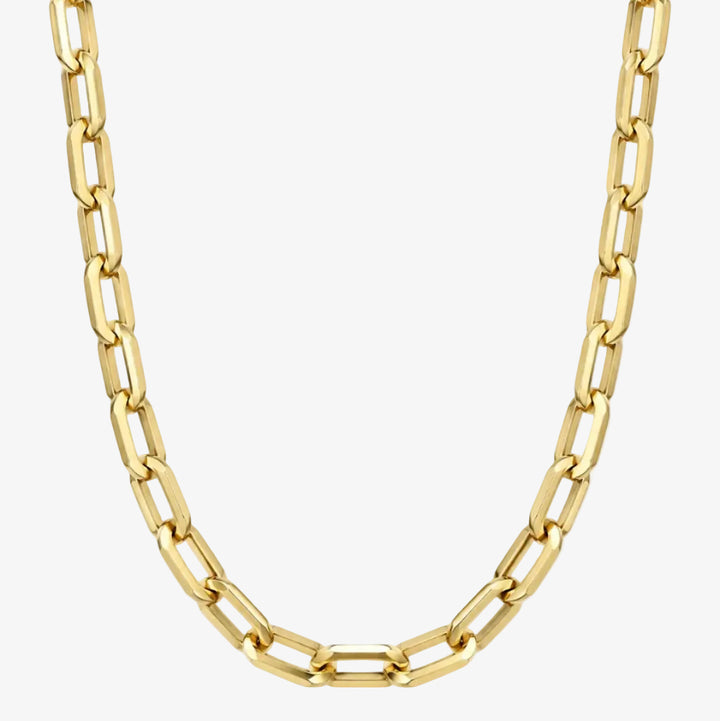 Cadena de oro de 18 quilates - Tamaño: 18 pulgadas - Tamaño del eslabón: 5,9 mm de ancho, 12,8 de largo - Metal: Oro amarillo de 18 quilates