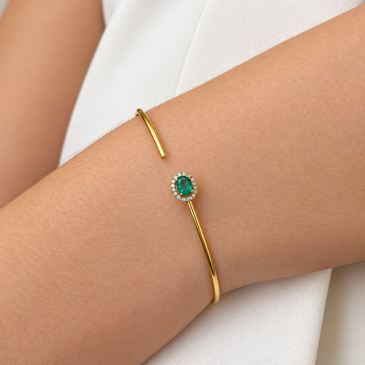 18K Yellow Gold Emerald &amp; Diamond Flexible Open Cuff Bracelet