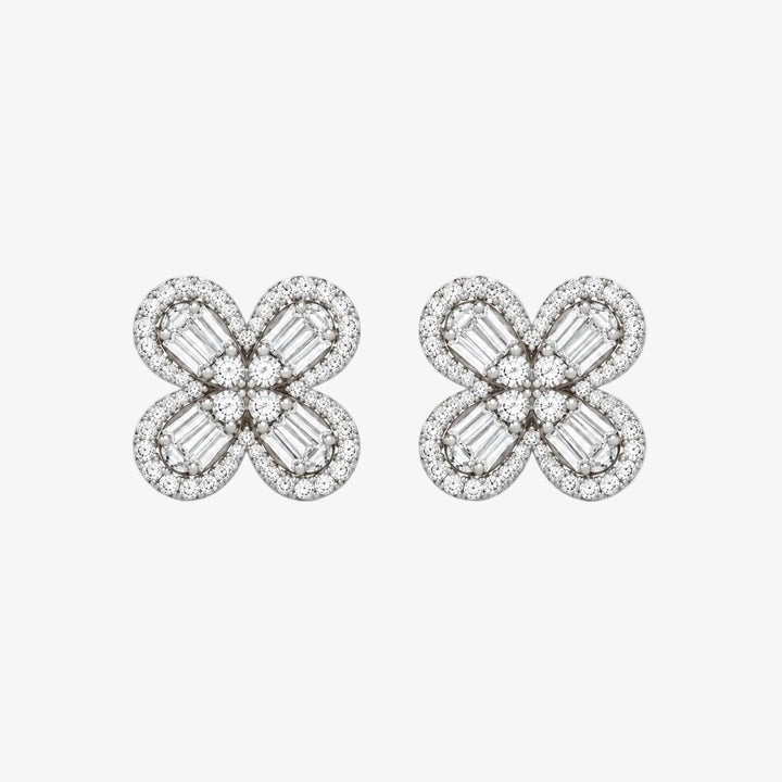 18K White Gold Diamond Four-Leaf Clover Stud Earrings – Natural Round &amp; Baguette Diamonds