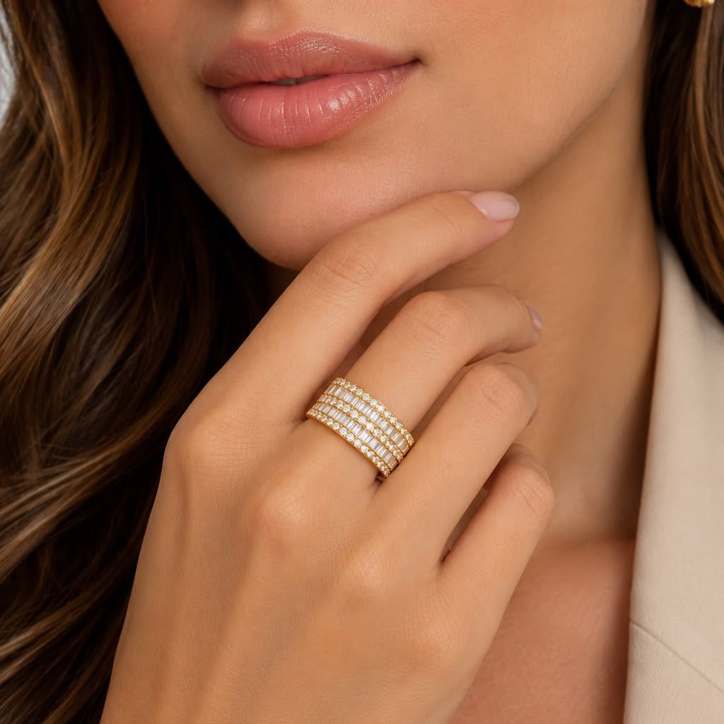 18K Yellow Gold Natural Diamond Multi-Row Band Ring – 7mm